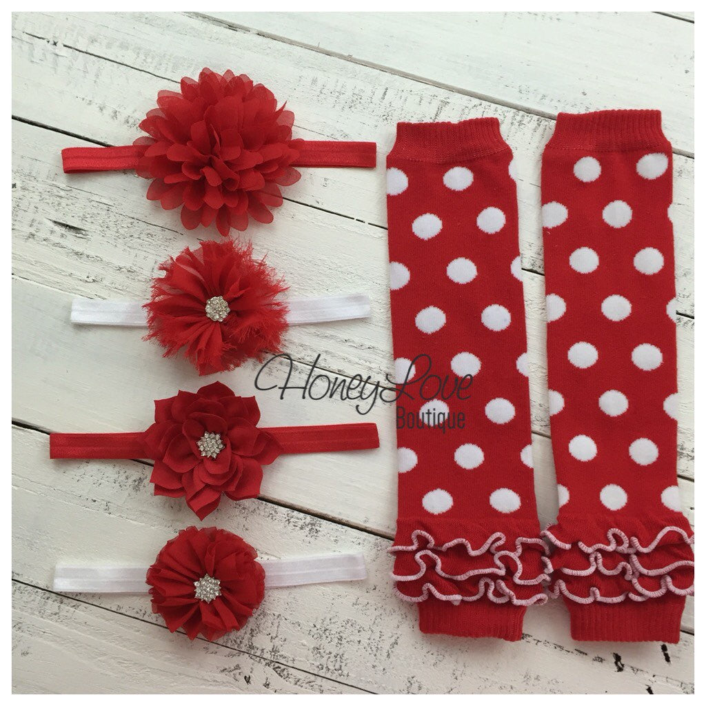 Red and White Polka Dot leg warmers and choice of headband - HoneyLoveBoutique