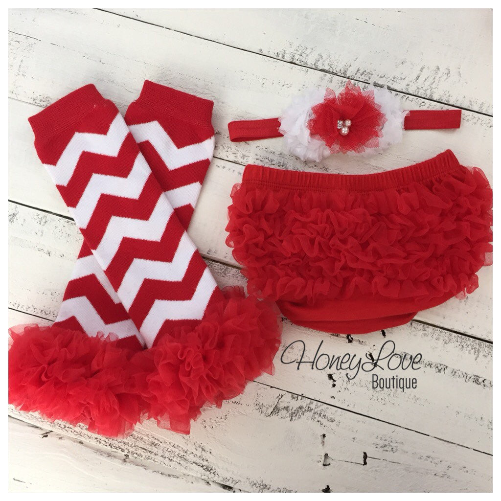 Red/White Chevron leg warmers, matching headband bow, ruffle bottom bloomers - HoneyLoveBoutique