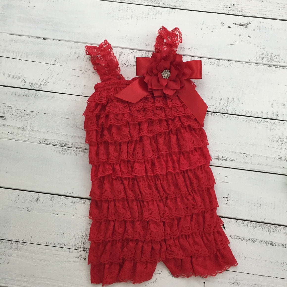 Lace Romper - Christmas Red Lace Petti Romper and matching poinsettia headband - HoneyLoveBoutique