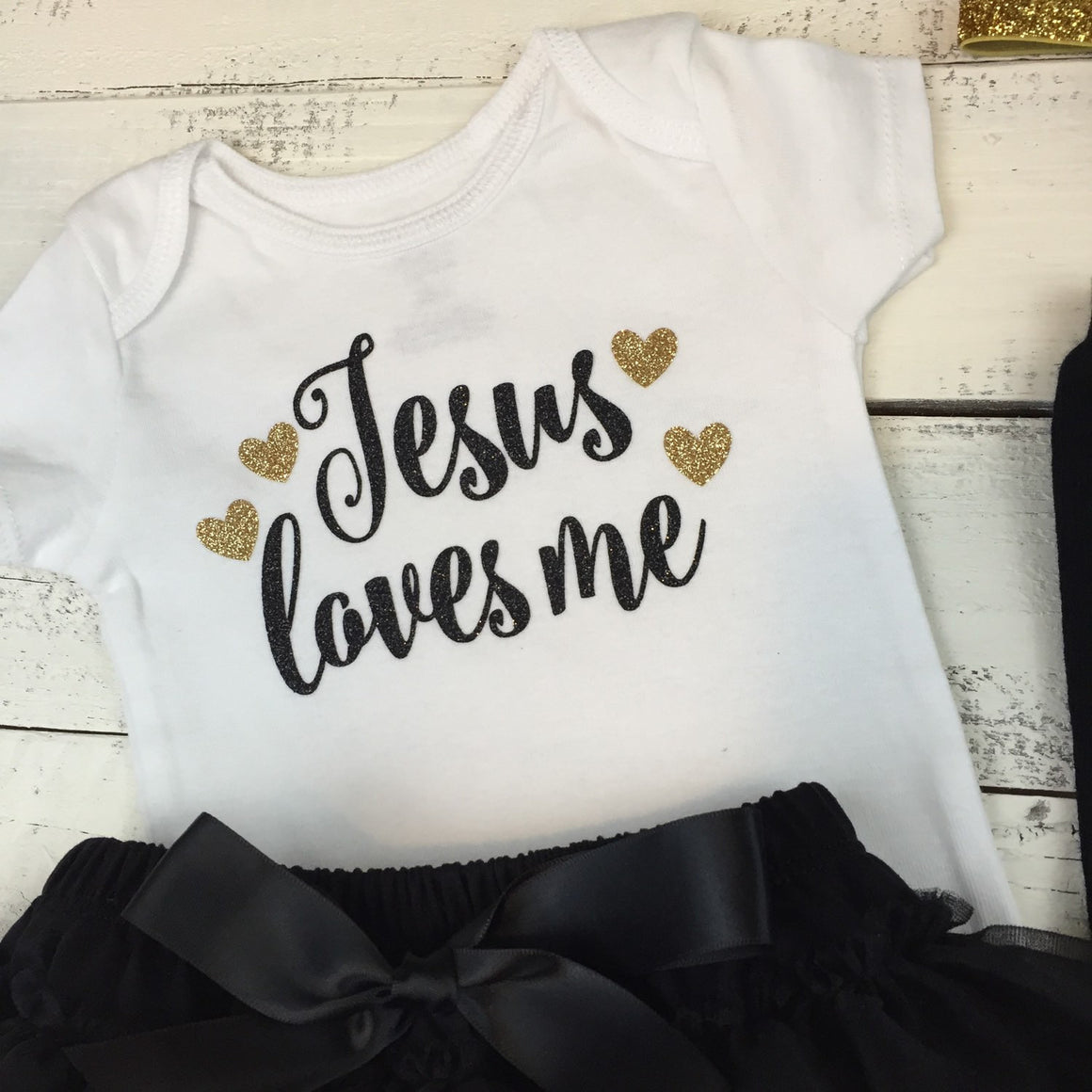 Jesus loves me - Black and Gold Glitter bodysuit - HoneyLoveBoutique