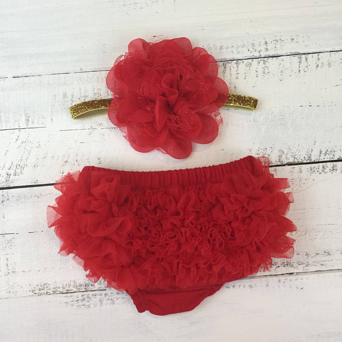 Red ruffle bottom bloomers and Silver/Gold flower headband - HoneyLoveBoutique