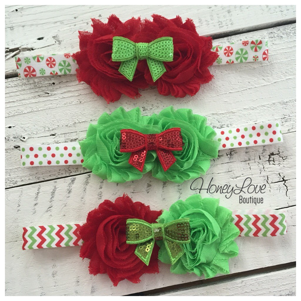 Christmas Headband - Shabby Flower - Sequin Bow - Chevron, Polka Dot, Candy Cane - HoneyLoveBoutique