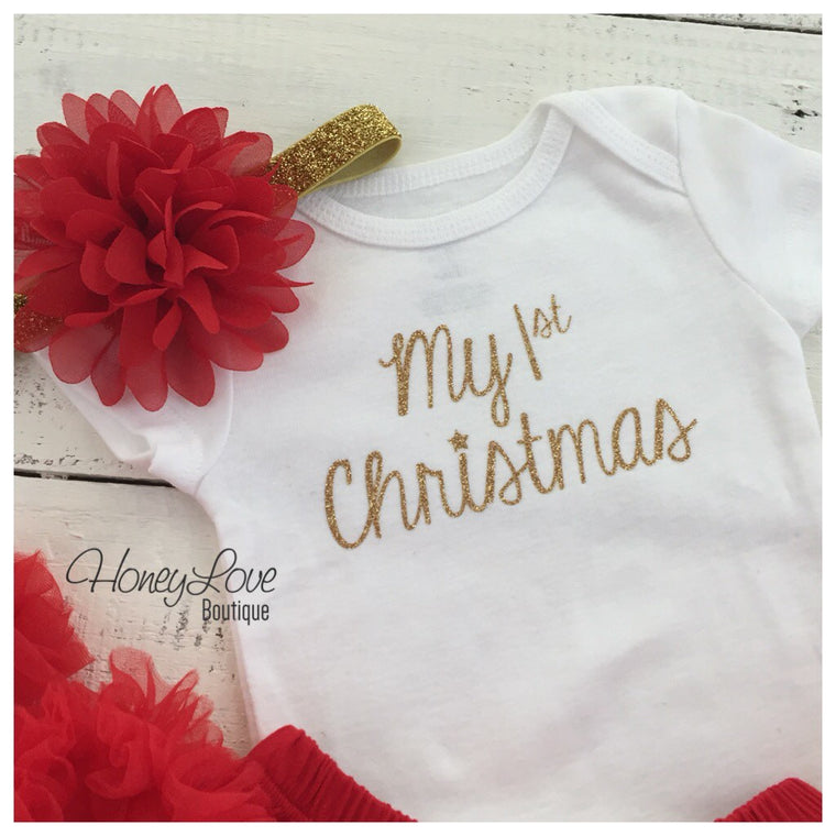 My 1st Christmas SILVER or GOLD bodysuit and headband Set - HoneyLoveBoutique