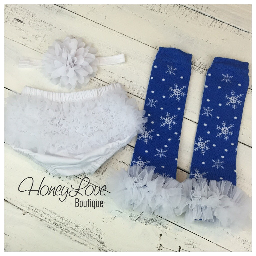 Leg Warmers - Blue Snowflakes, matching flower headband and bloomers - HoneyLoveBoutique