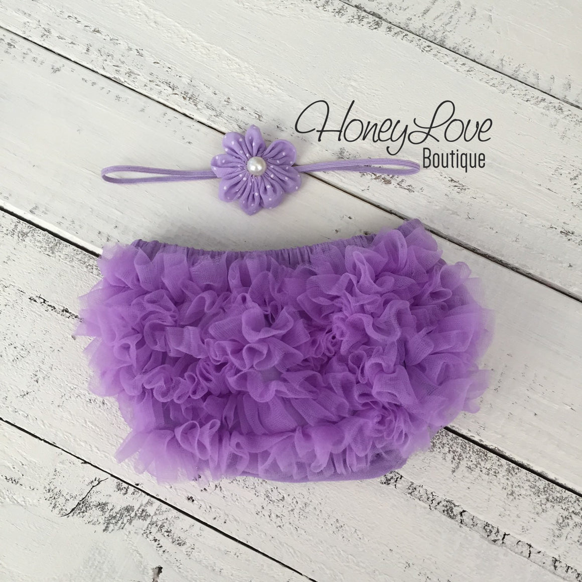 Lavender Purple ruffle bottom bloomer and polka dot flower/skinny headband - HoneyLoveBoutique