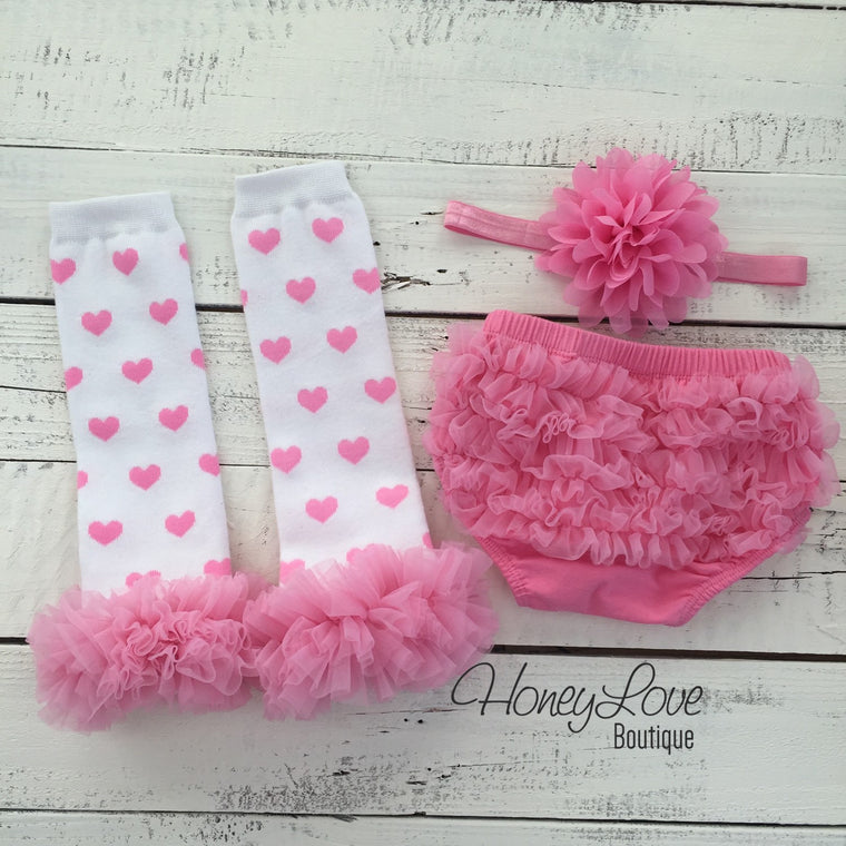 White/Pink Heart leg warmers, pink flower headband, ruffle bottom bloomers - HoneyLoveBoutique