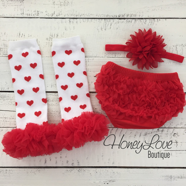 White/Red Heart leg warmers, red flower headband, and ruffle bottom bloomers - HoneyLoveBoutique