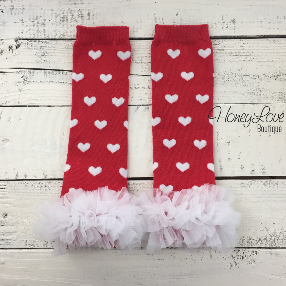 Red and White heart leg warmers, white flower headband, ruffle bottom bloomers - HoneyLoveBoutique
