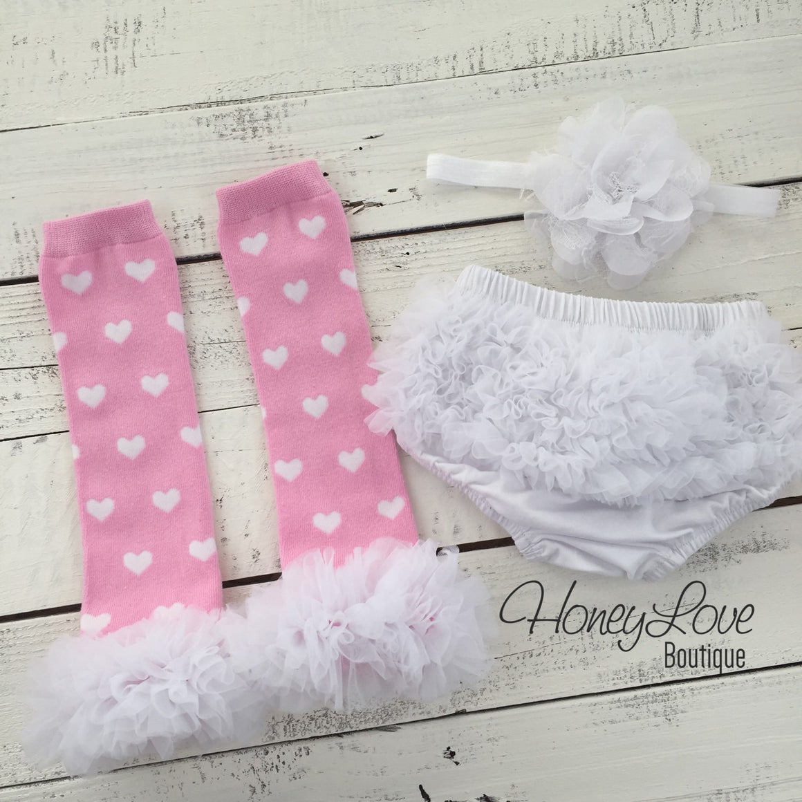 Pink and White heart leg warmers, white flower headband, ruffle bottom bloomer - HoneyLoveBoutique