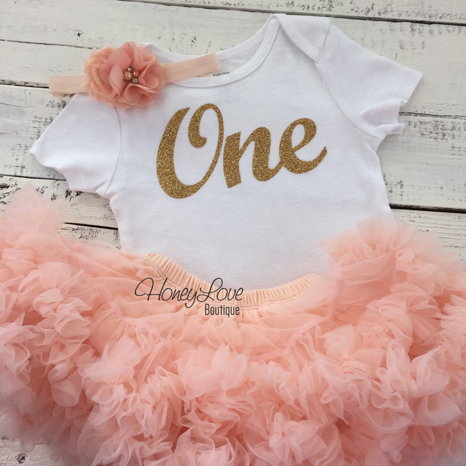 One - Birthday Outfit - Gold glitter and Peach - HoneyLoveBoutique One - Birthday Outfit - Gold glitter and Peach - HoneyLoveBoutique
