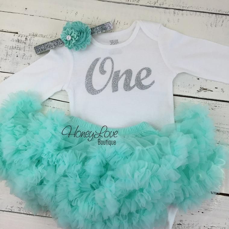One - Birthday Outfit- silver glitter and mint/aqua - HoneyLoveBoutique