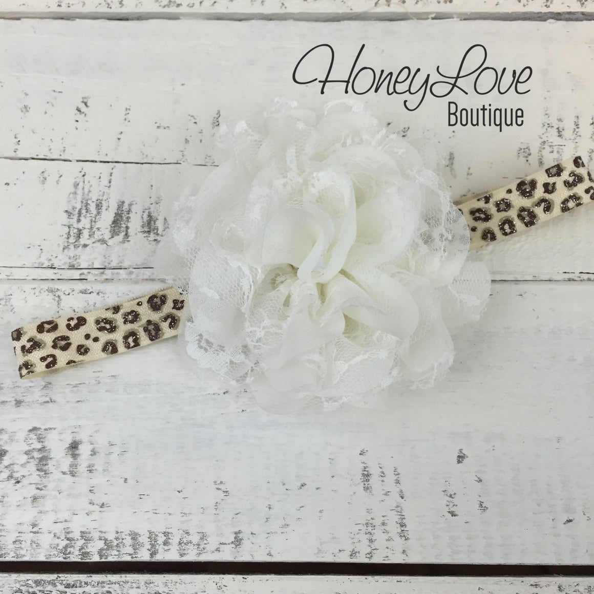 Leopard Glitter Elastic and Flower Headband - Hot Pink, Ivory, Brown, Black - HoneyLoveBoutique