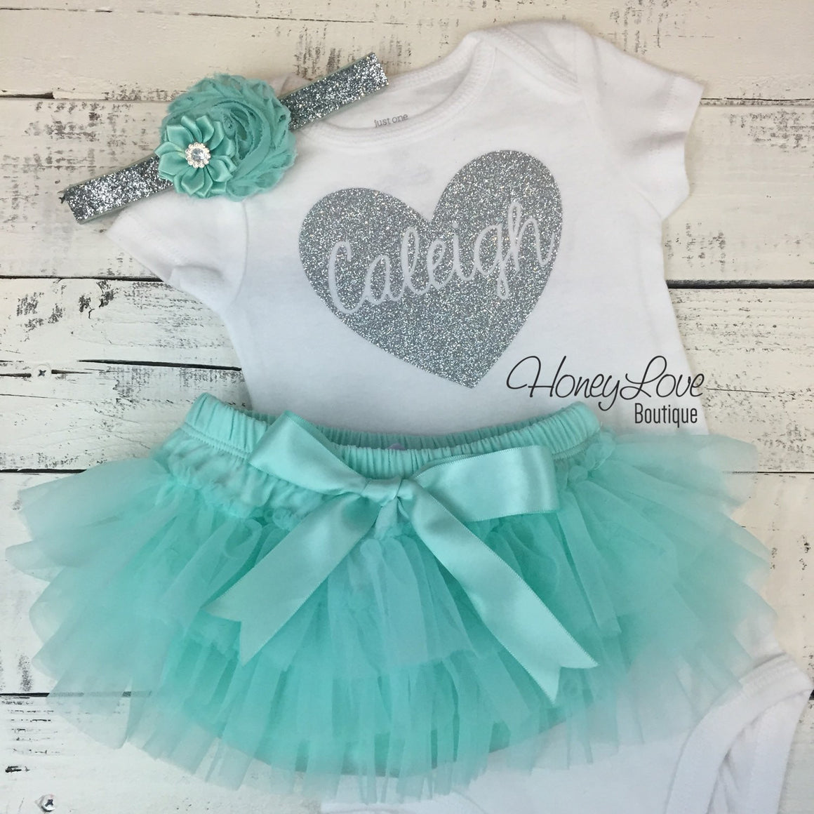 PERSONALIZED Name inside Heart - Silver Glitter and Mint/Aqua - HoneyLoveBoutique
