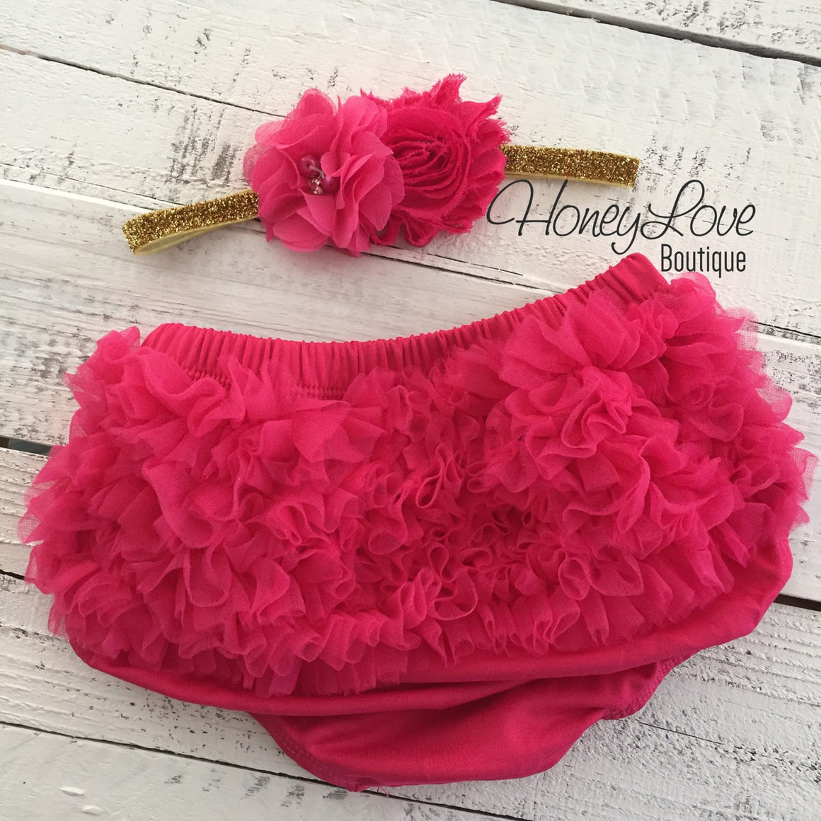 Watermelon Pink ruffle bottom bloomers and gold glitter headband - HoneyLoveBoutique