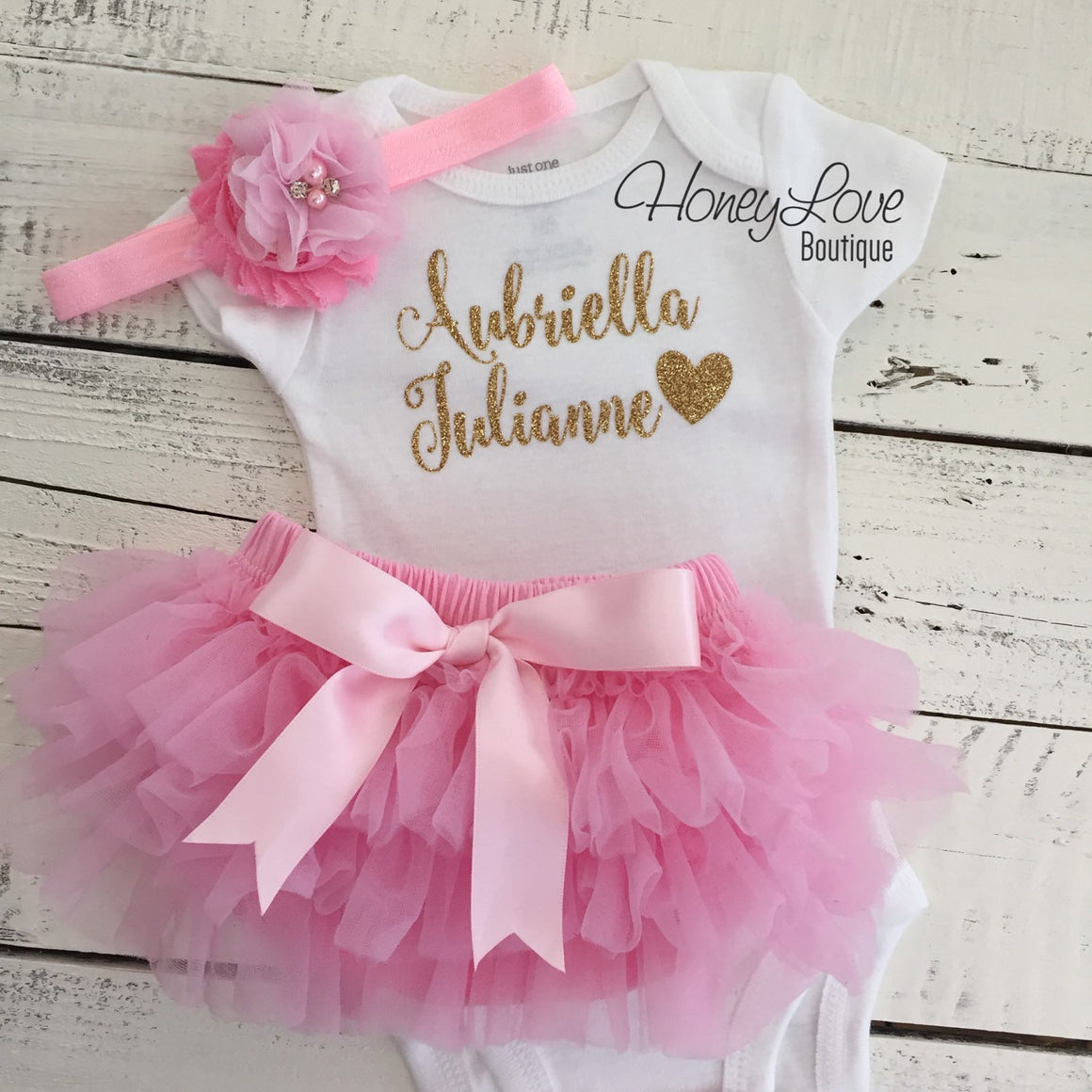 PERSONALIZED Name Outfit - Gold Glitter and Light Pink - HoneyLoveBoutique