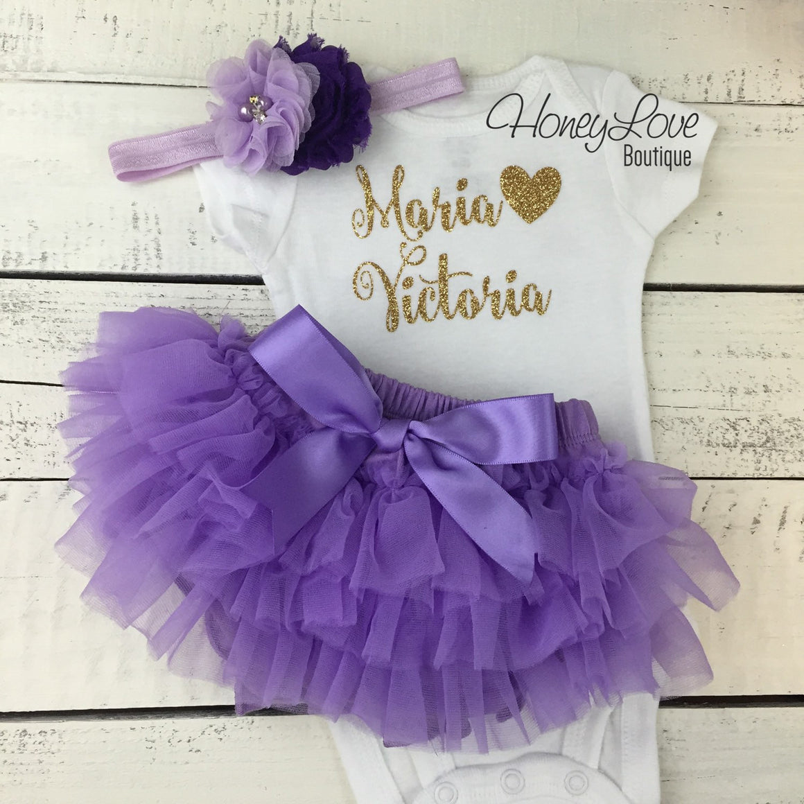 PERSONALIZED Name Outfit - Gold/Silver Glitter and Lavender Purple - HoneyLoveBoutique