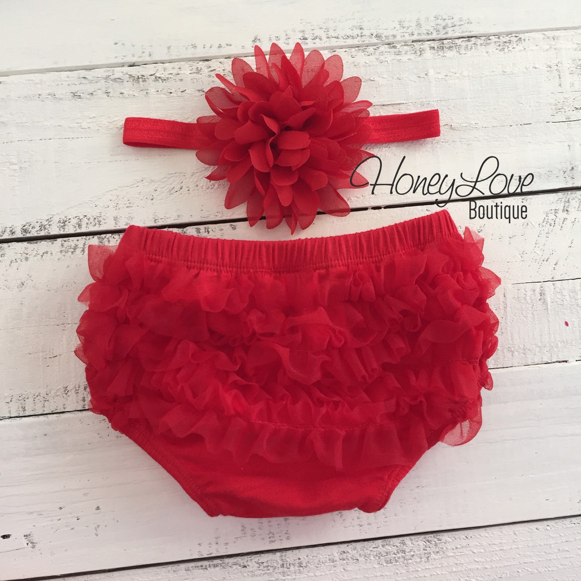Red/White Heart leg warmers, red flower headband, red ruffle bottom bloomers - HoneyLoveBoutique