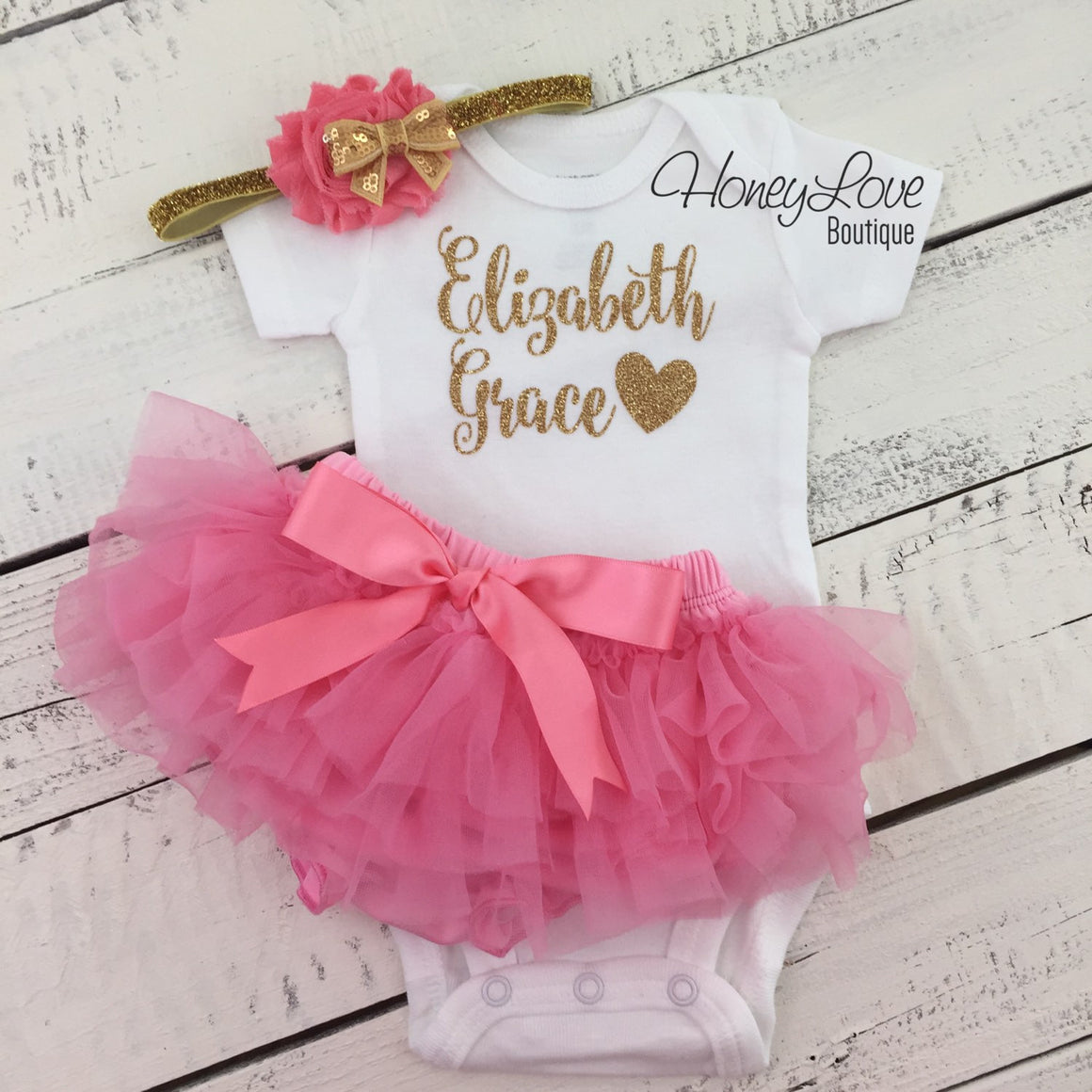 PERSONALIZED Name Outfit - Gold Glitter and Coral Pink - HoneyLoveBoutique