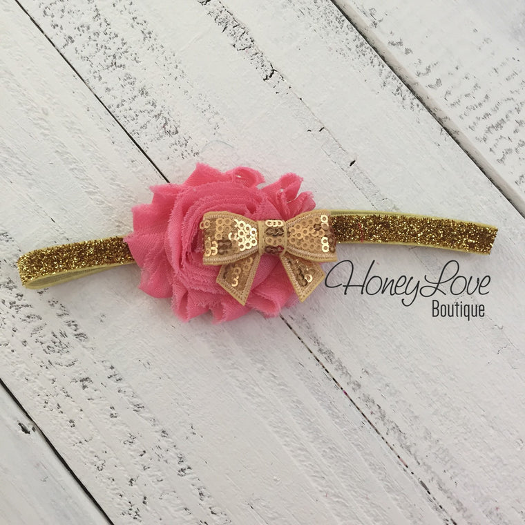 Coral Pink Shabby Flower with Gold Sequin Bow -  gold glitter elastic headband - HoneyLoveBoutique