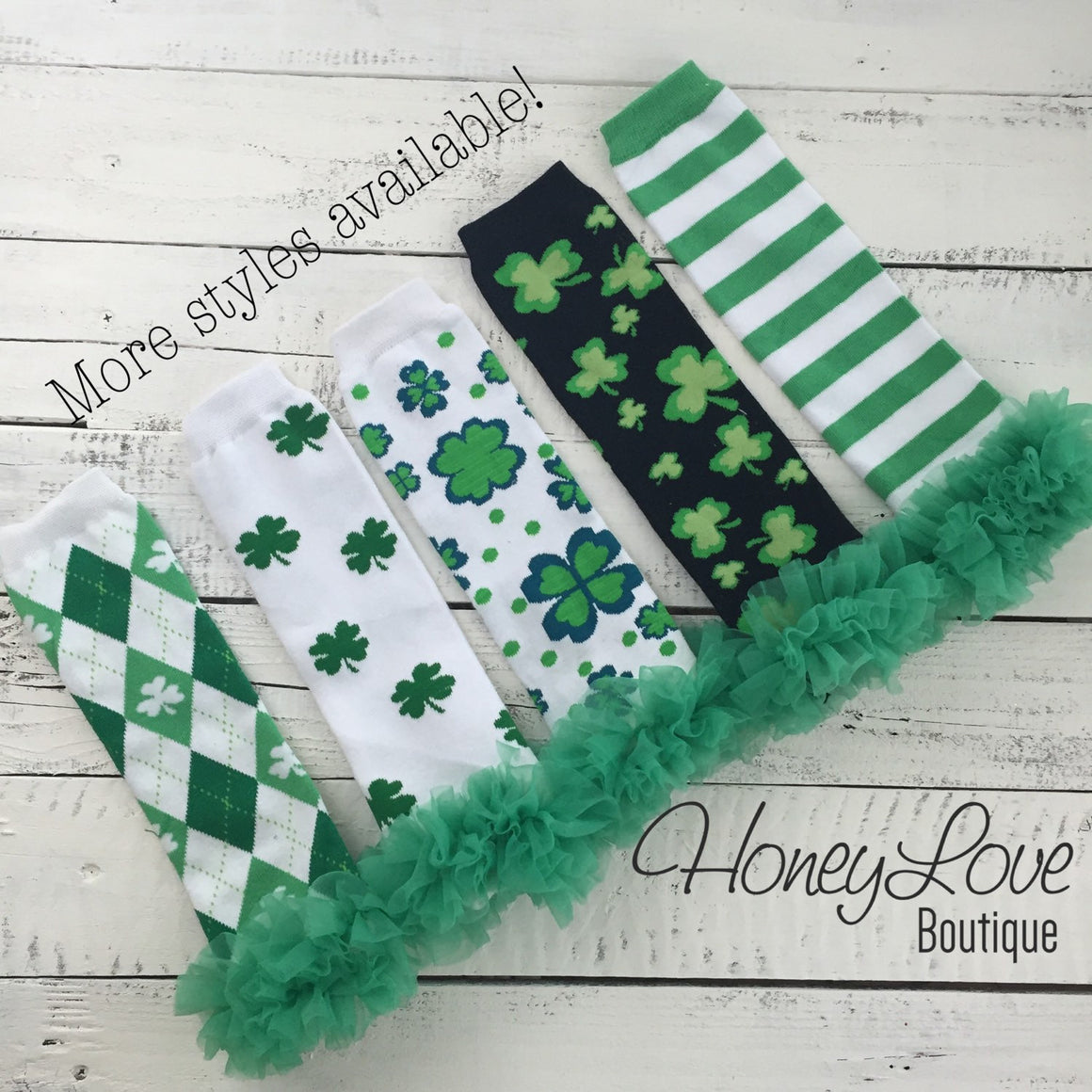 St. Patrick's Day Shamrock leg warmers with green ruffles - HoneyLoveBoutique