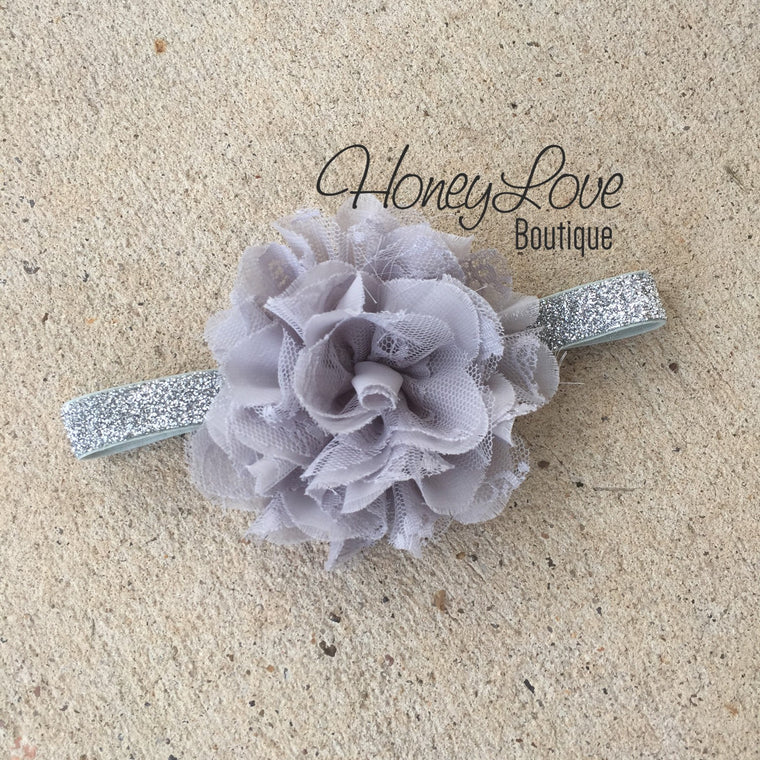 Gray chiffon and lace layered flower on silver glitter headband - HoneyLoveBoutique