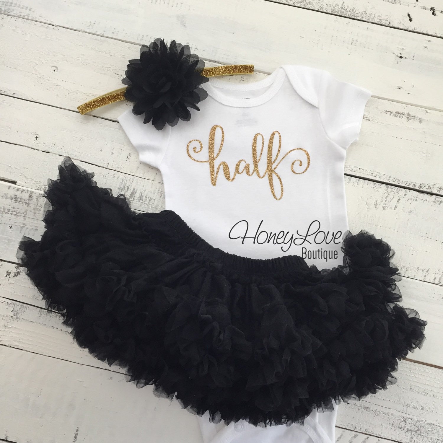 Half Birthday Outfit - Gold glitter and Black - HoneyLoveBoutique Half Birthday Outfit - Gold glitter and Black - HoneyLoveBoutique