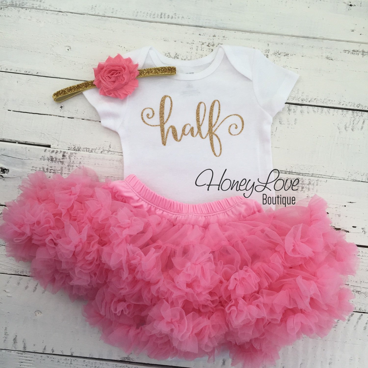 Half Birthday Outfit - Gold Glitter and Coral Pink Pettiskirt - HoneyLoveBoutique Half Birthday Outfit - Gold Glitter and Coral Pink Pettiskirt - HoneyLoveBoutique