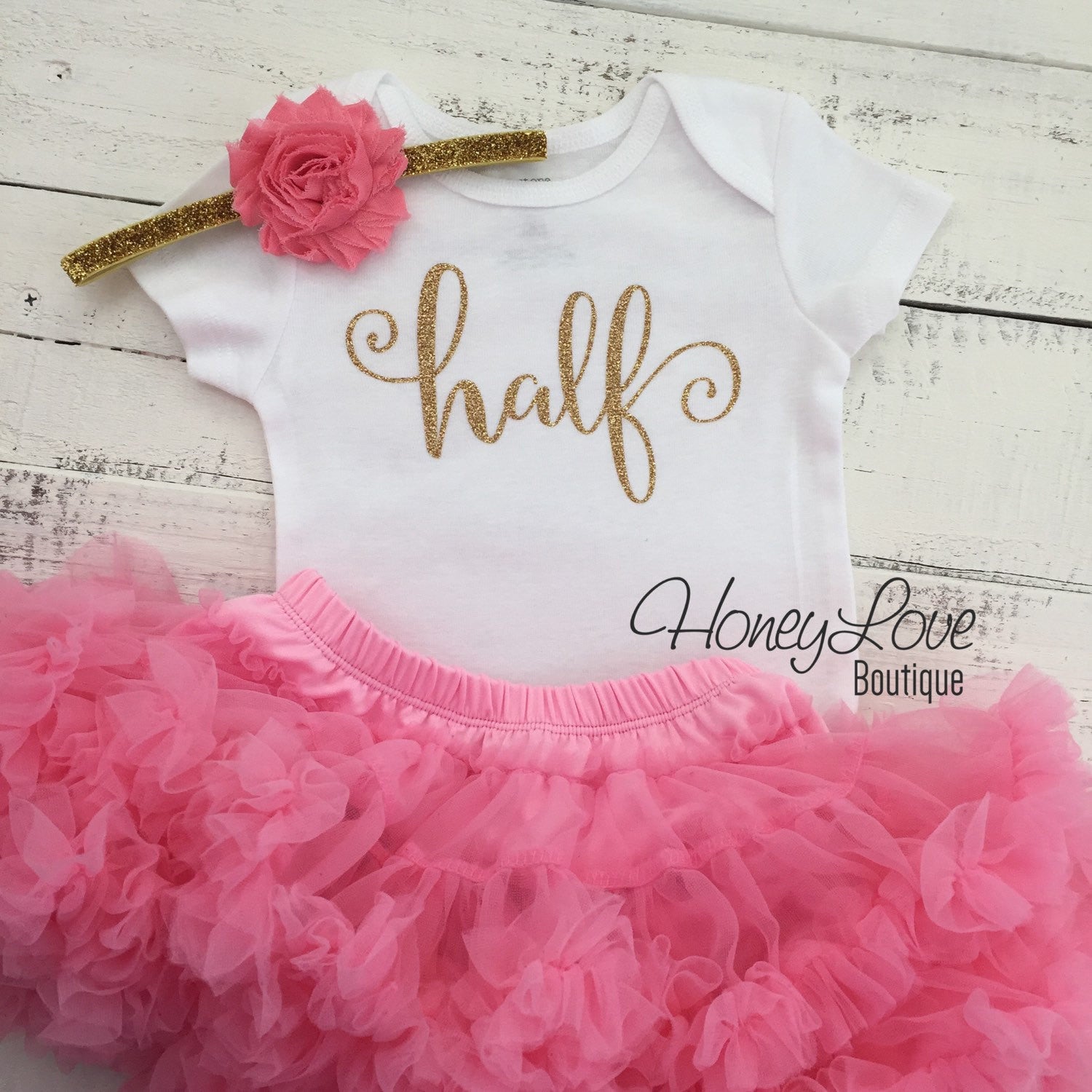 Half Birthday Outfit - Gold Glitter and Coral Pink Pettiskirt - HoneyLoveBoutique Half Birthday Outfit - Gold Glitter and Coral Pink Pettiskirt - HoneyLoveBoutique