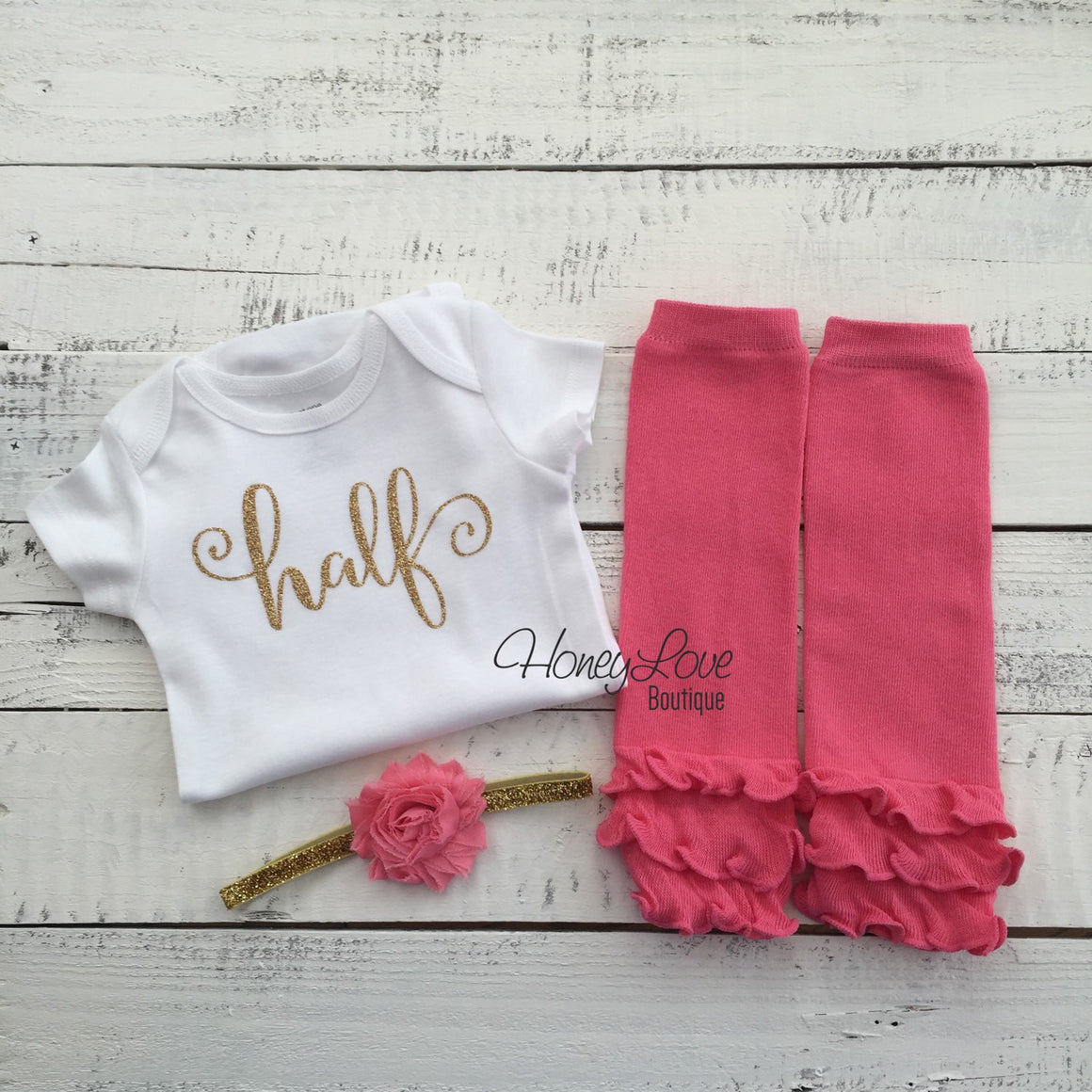 Half Birthday Outfit - Gold Glitter and Coral Pink Leg Warmers - HoneyLoveBoutique