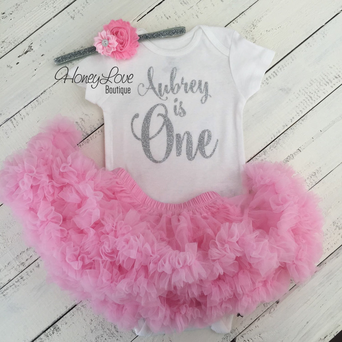 Personalized Name "is One" - 1st Birthday Outfit - Light Pink and Silver/Gold Glitter - HoneyLoveBoutique