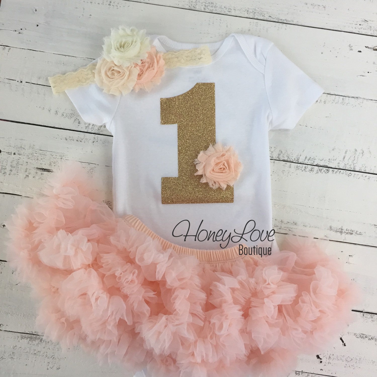 1st Birthday Outfit Peach and Ivory HoneyLoveBoutique