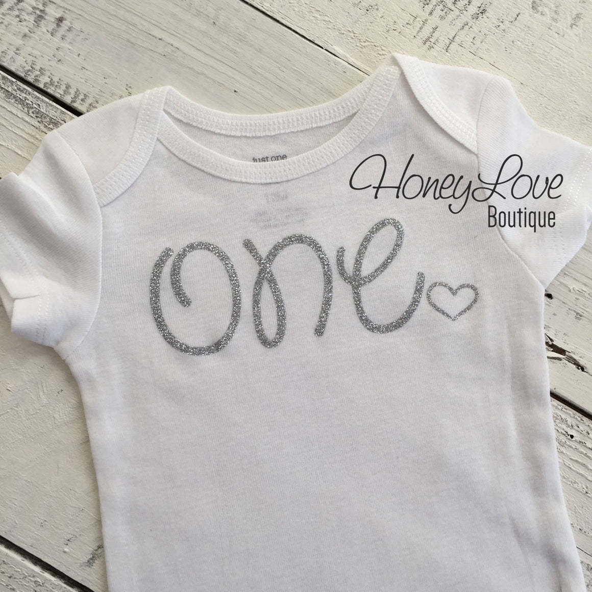 One - SILVER or GOLD glitter bodysuit with heart - HoneyLoveBoutique