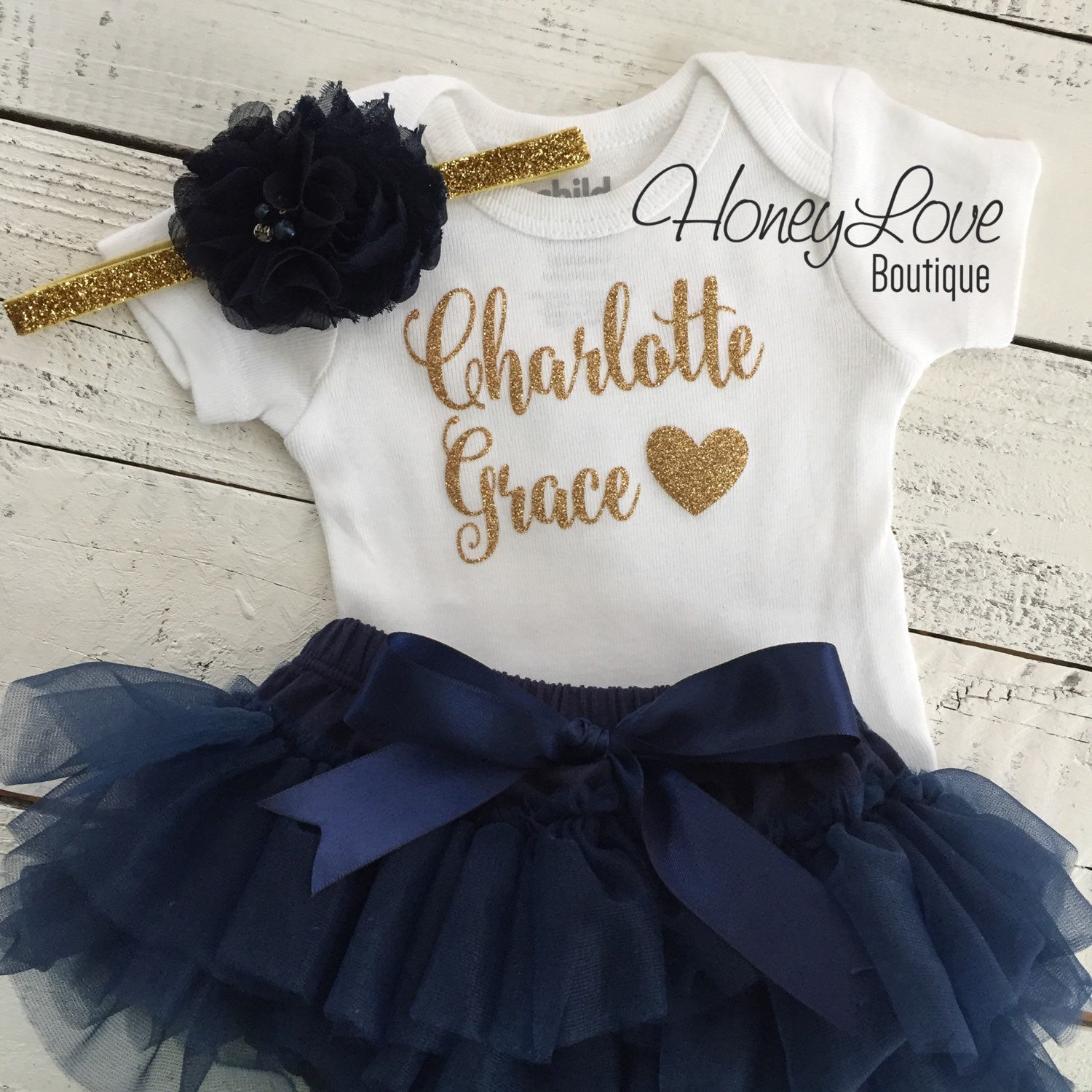 PERSONALIZED Name Outfit - Gold Glitter and Navy - HoneyLoveBoutique PERSONALIZED Name Outfit - Gold Glitter and Navy - HoneyLoveBoutique