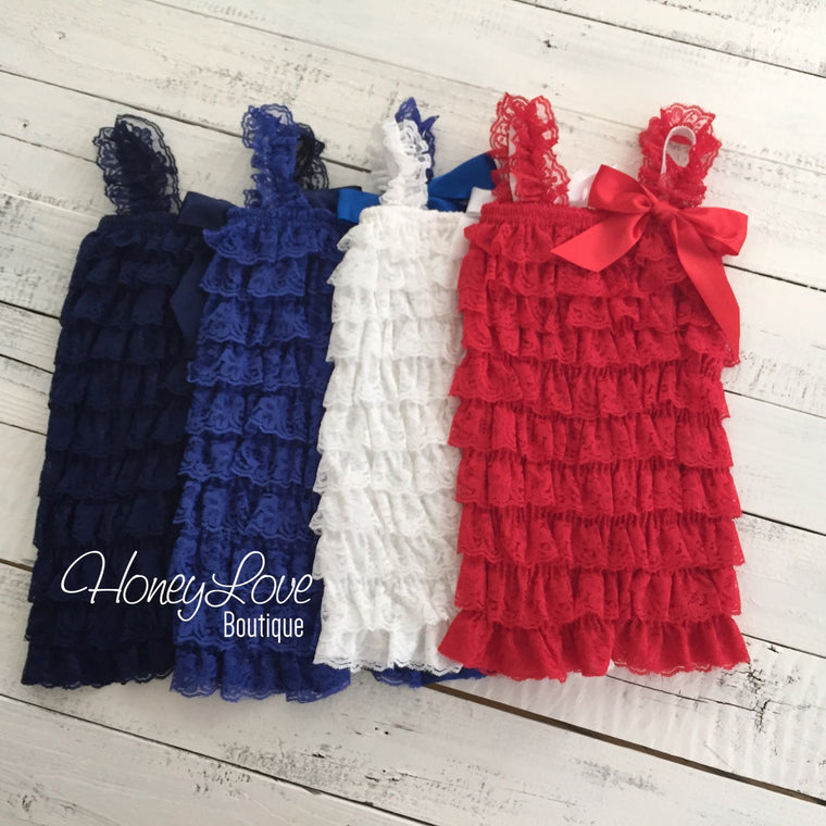 Lace Petti Romper - Red, White, Royal Blue, Navy - HoneyLoveBoutique