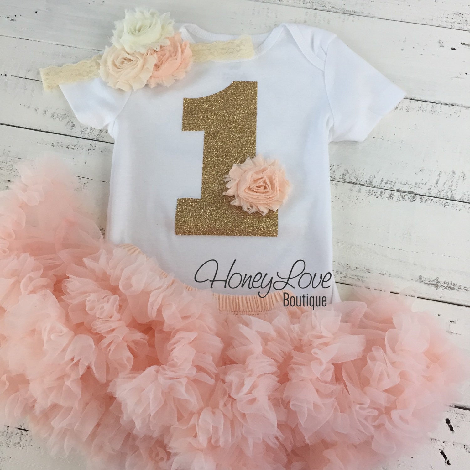 1st Birthday Outfit - Peach and Ivory - HoneyLoveBoutique 1st Birthday Outfit - Peach and Ivory - HoneyLoveBoutique