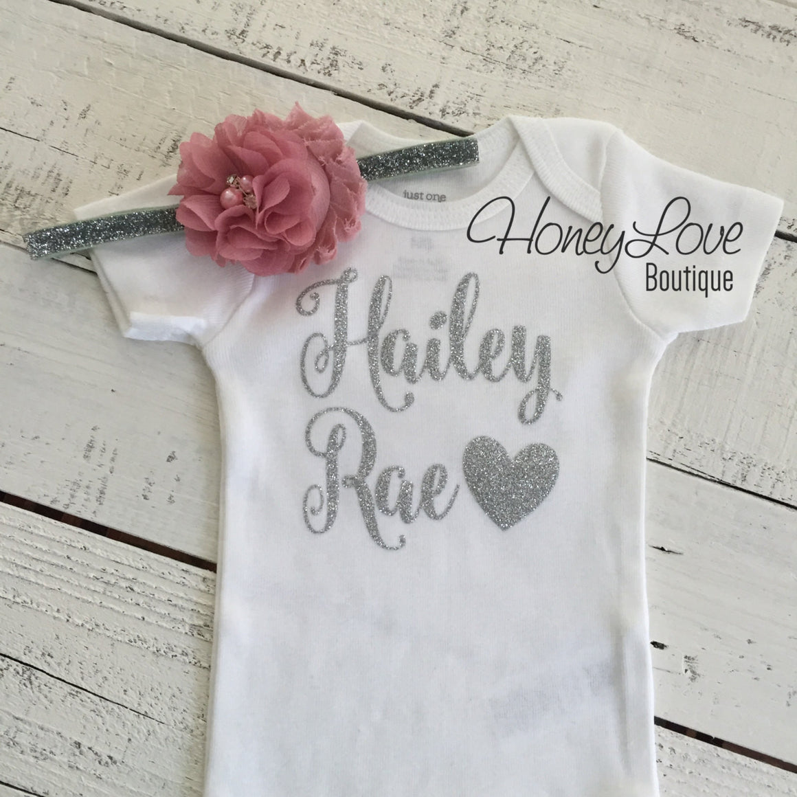 PERSONALIZED Name Outfit - Silver Glitter and Vintage Pink - HoneyLoveBoutique