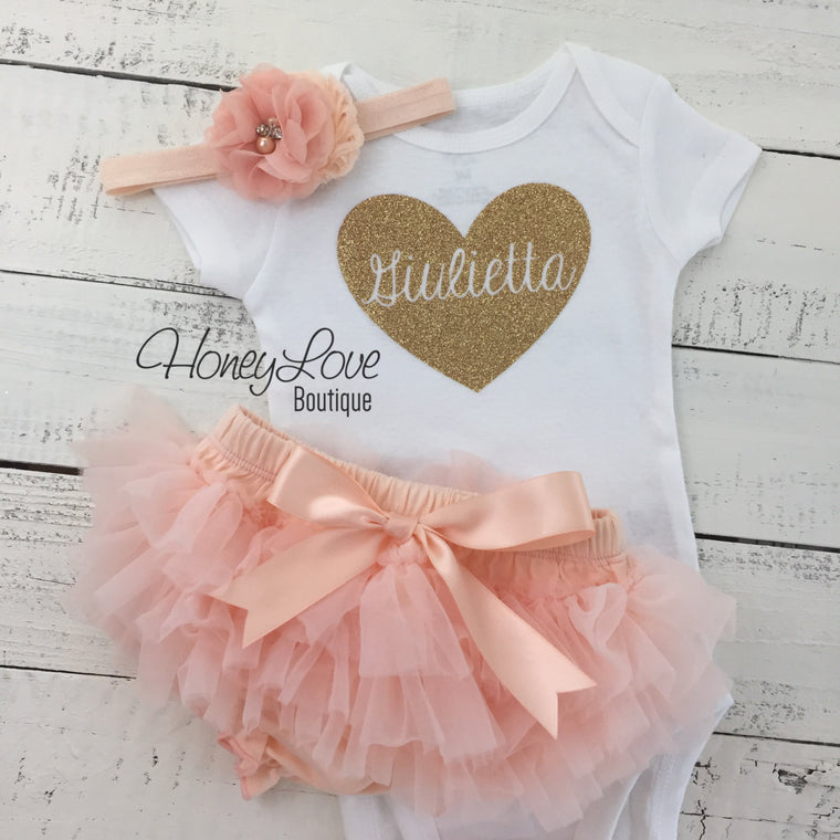 PERSONALIZED Name inside Heart - Gold glitter and Peach - HoneyLoveBoutique