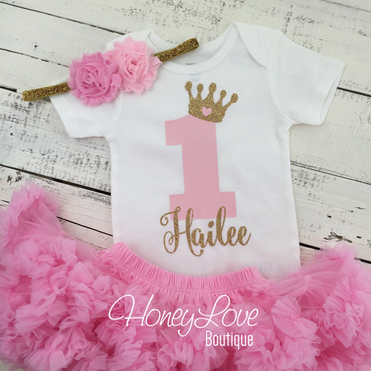 Personalized 1st Birthday Princess outfit Gold Glitter and Light
