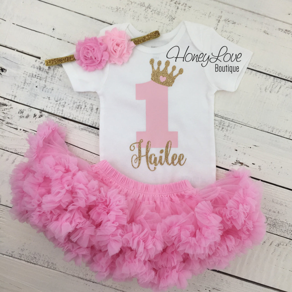 Personalized 1st Birthday Princess outfit - Gold Glitter and Light Pink - HoneyLoveBoutique