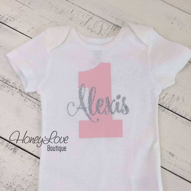 Personalized 1st Birthday Bodysuit - Light Pink and Silver glitter - HoneyLoveBoutique