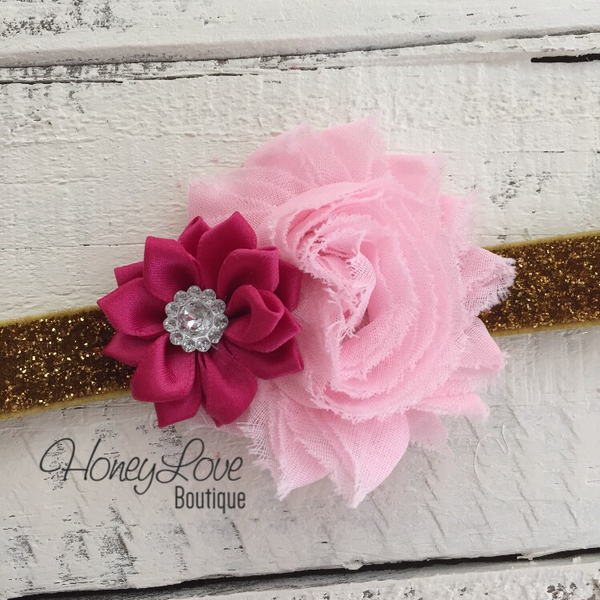 Light Pink Shabby Flower and Dark Pink Satin Flower Rhinestone - Gold ...