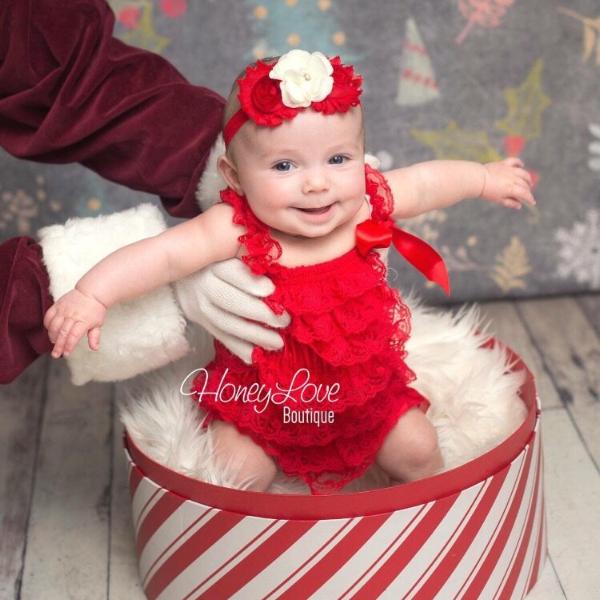 Lace Petti Romper - Embellished Christmas Red Lace Petti Romper and matching red/ivory headband - HoneyLoveBoutique