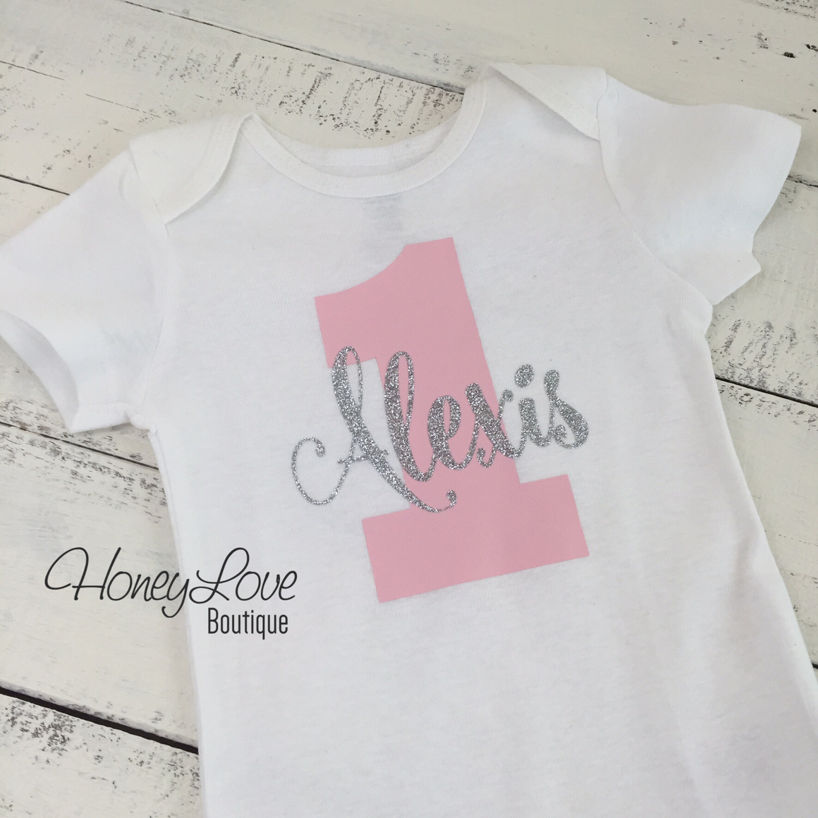 Personalized 1st Birthday Bodysuit - Light Pink and Silver glitter - HoneyLoveBoutique